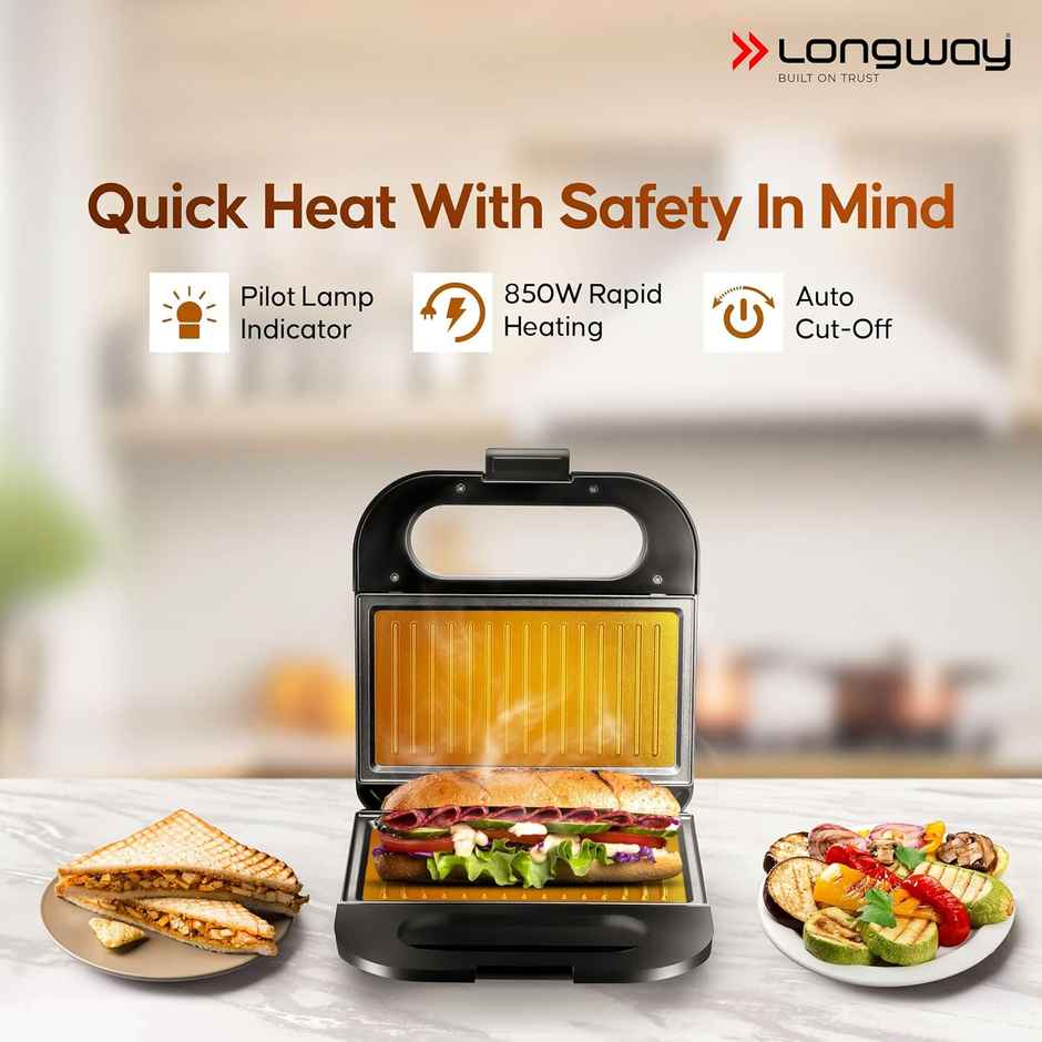 Longway Grilly Pro 850W Grill Sandwich Maker&Toaster,Non-stick Coating Cast Aluminum-Metallic Silver