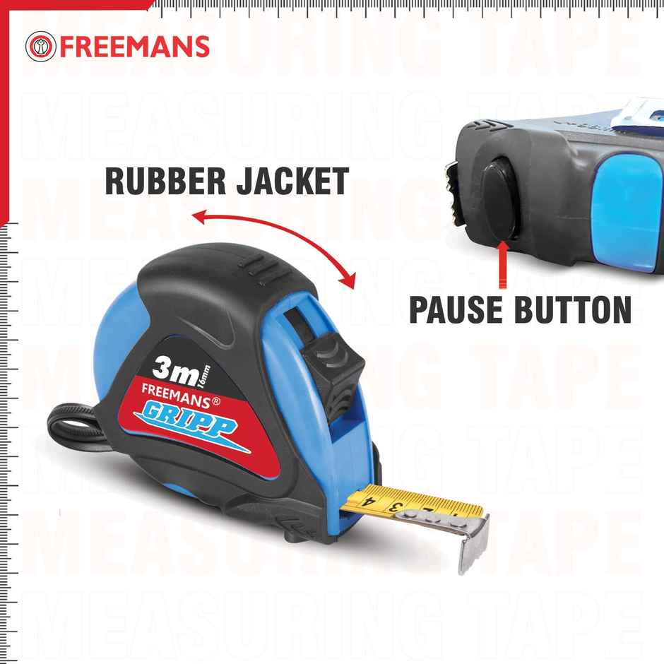 FREEMANS Gripp Steel Measuring Tape | 3m | Blue | Rubberized ABS Case | Pause Button