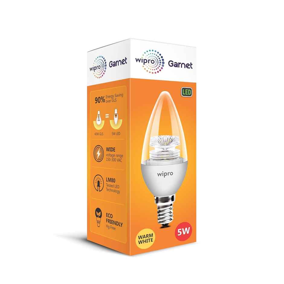 Wipro Garnet 5W LED Candle Bulb | E14 Base | Warm White(2700 K)