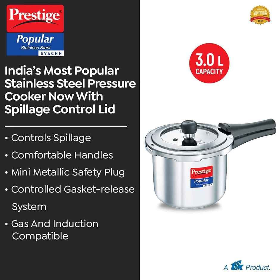 Prestige Popular Svachh SS Pressure Cooker 3L,Gas and Induction Compatible,5Y Warranty,Silver