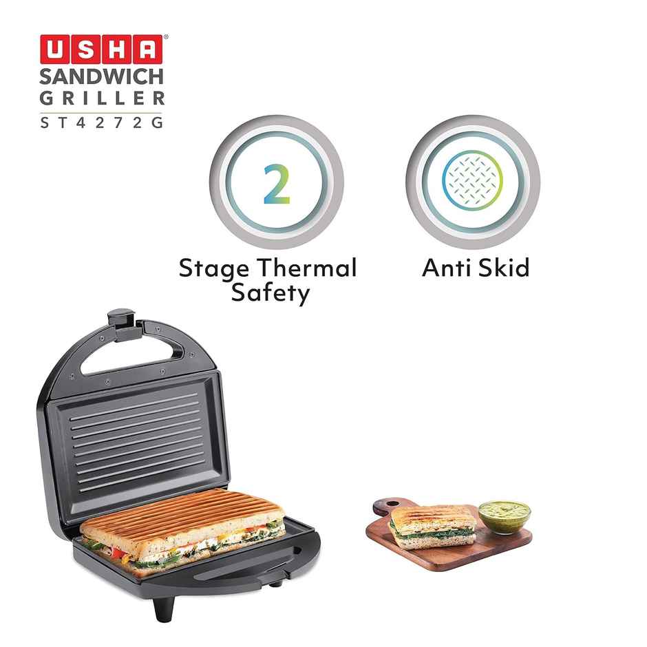Usha Sandwich Maker Griller (750W, 4-Slices, 2 Stage Thermal Safety, Led Indicators, Black)