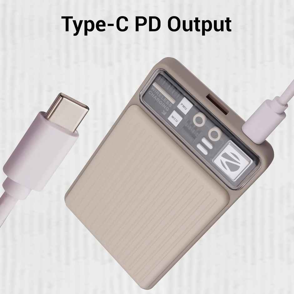 Zebronics MW65 Wireless Power Bank, 10K mAh, Rapid Charge, Built-in Wireless Charging Pad (Beige)