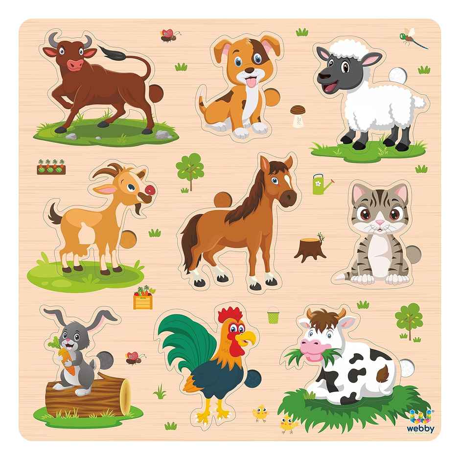 Webby Wooden Farm Animals Montessori Educational Pre-School Puzzle Board Toy for Kids