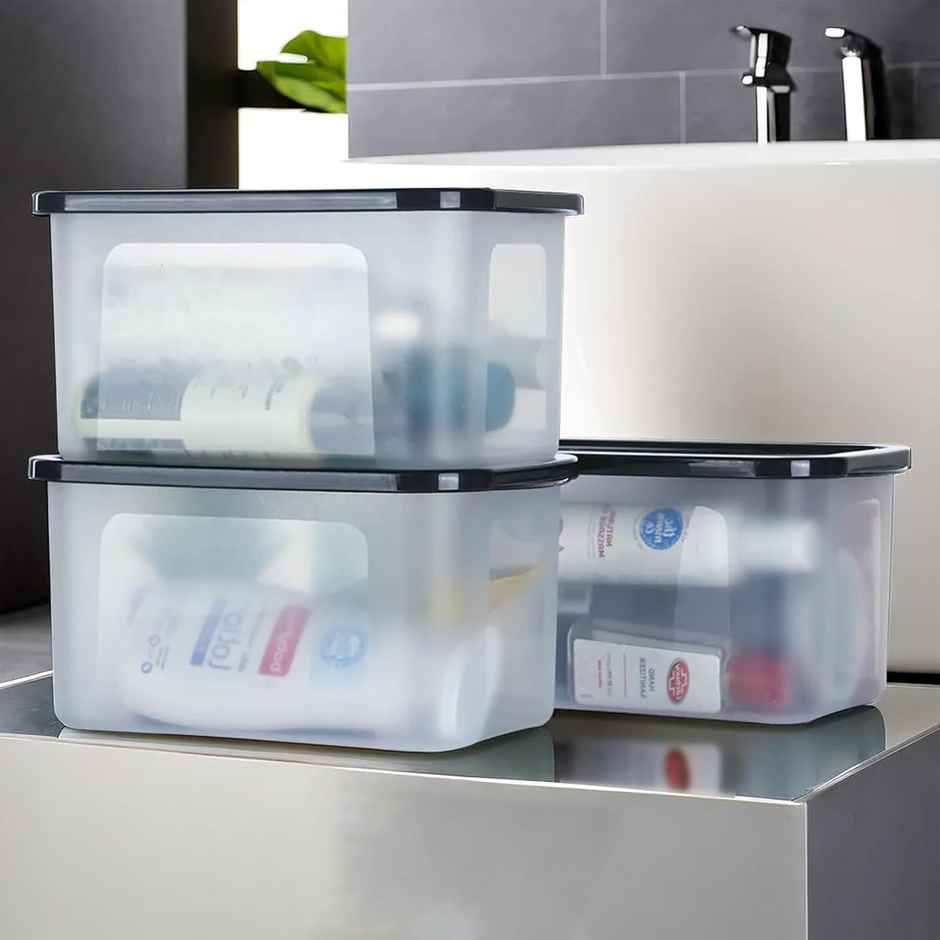 Kuber Industries 3 Pcs Small Plastic Boxes for Storage With Lid - Pooja & Office Items | Black