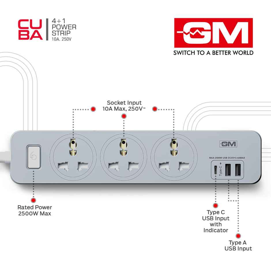GM Cuba 3341 Extension Board with USB Port Type A & C | 2500 Watt Switch Board Surge Protector | Spike Guard with 1.8 Mtr Cord, 3 International Sockets | Fireproof Upto 750 Degree