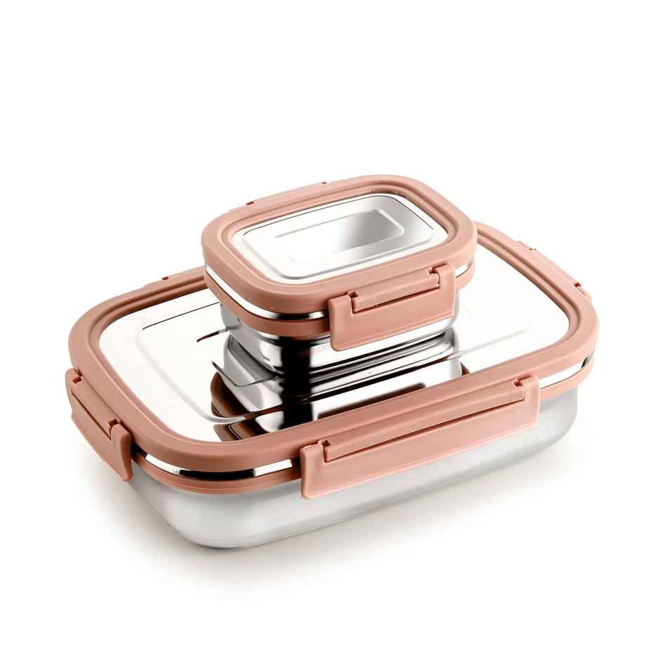 Ganesh Craze Stainless Steel Tiffin Lunch Box With 4 Side Clip Lock(650Ml 1Pc + 140Ml 1 Pc) Pink