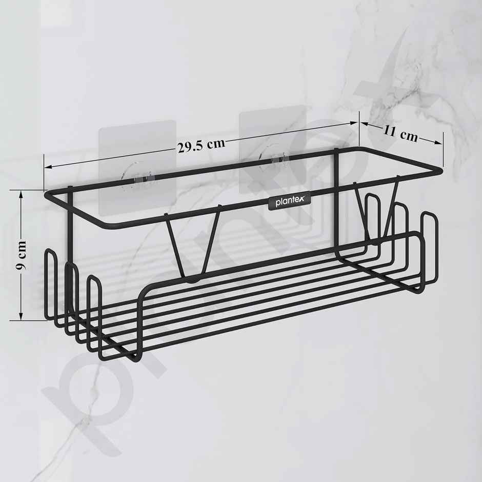 Plantex GI Steel Self-Adhesive Bathroom Shelf Organizer with Hooks - Black Powder Coated