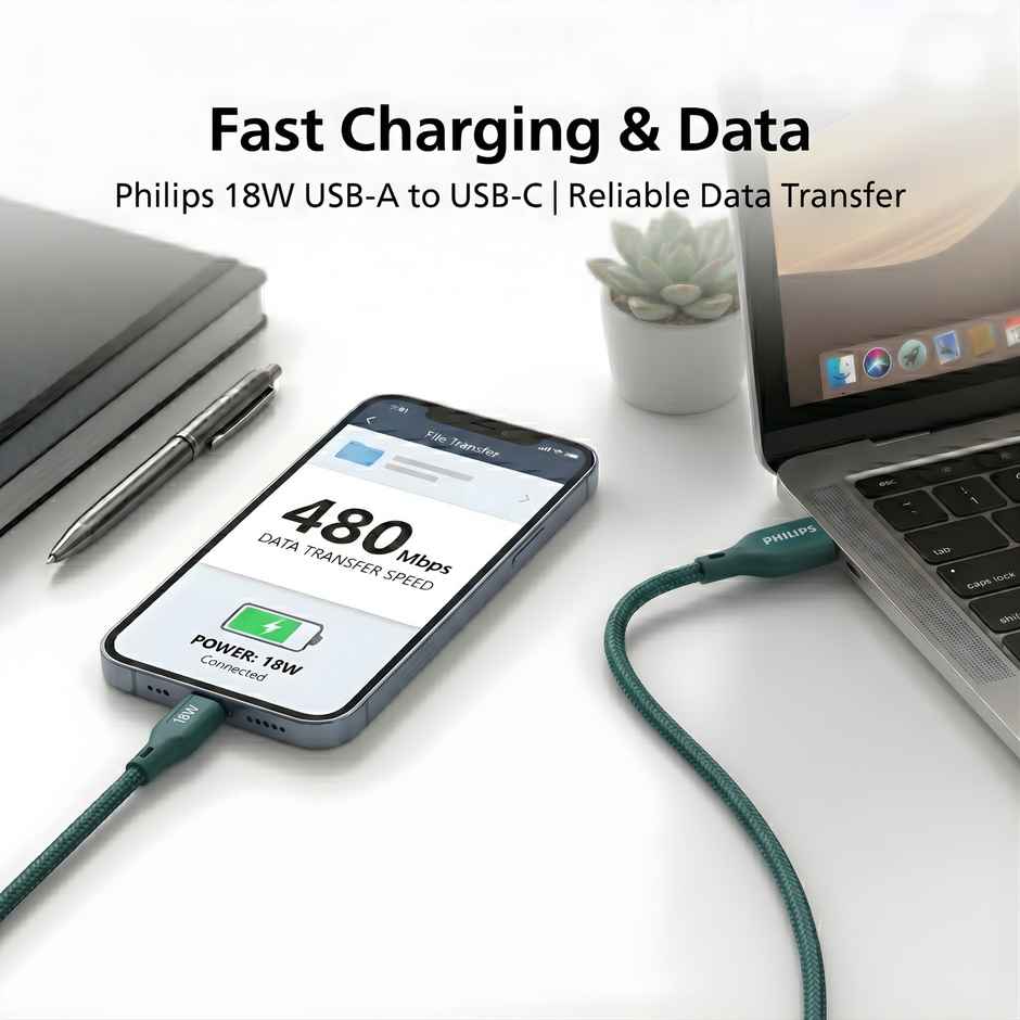 Philips 18W USB A to Type C Fast Charging Cable | DLC4130AT94 | Crystal Teal | 1 m