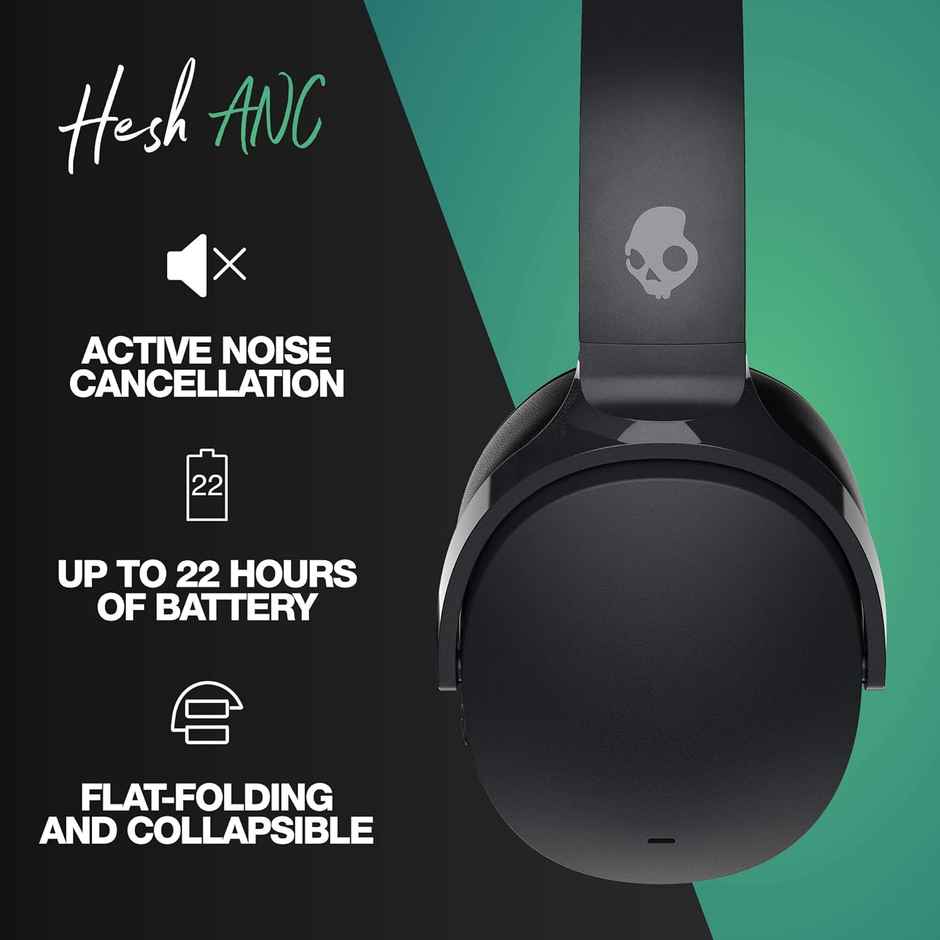 Skullcandy Hesh Anc Wireless Over-Ear Headphones, Active Noise Cancelling, Wireless Charging- Black