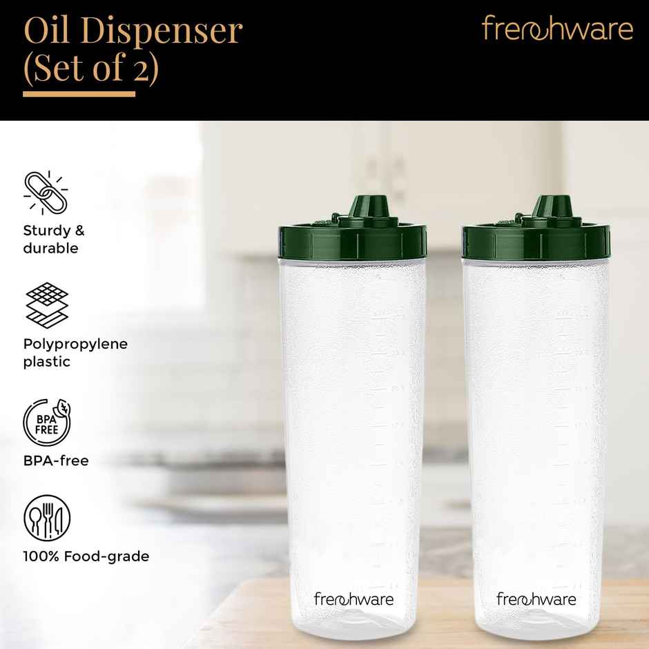 Frenchware Oil Dispenser, BPA-Free Plastic, 100% Food-Grade | 2 Pack, 1 L Each - Glossy Green