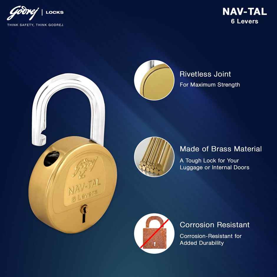 Godrej Locks Navtal 6 Levers Brass Lock with 3 Keys | Brown, Set of 1 Polished Finish