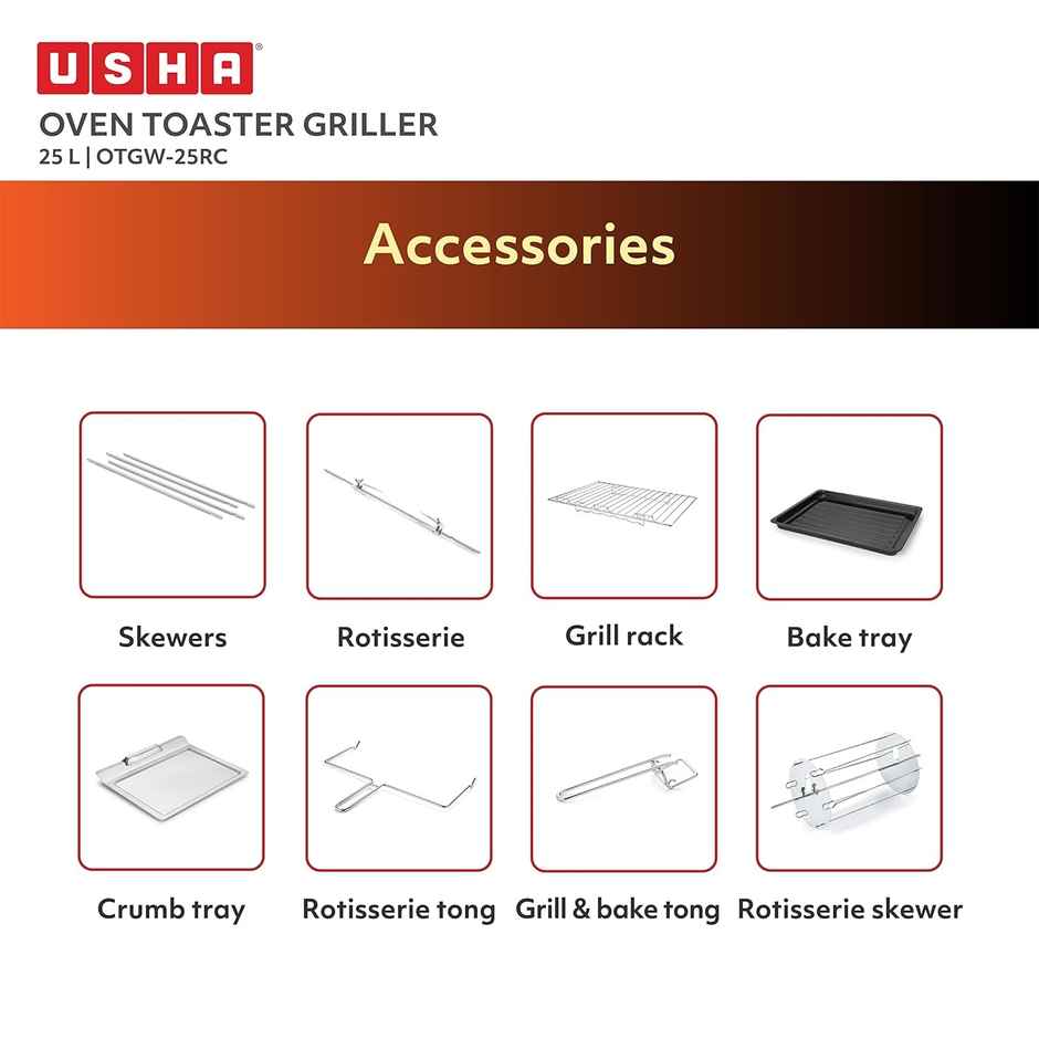 Usha Oven Toaster Griller 25L (1500W, Stay On Feature, 6 Modes, Dual Heating Element, Wine)
