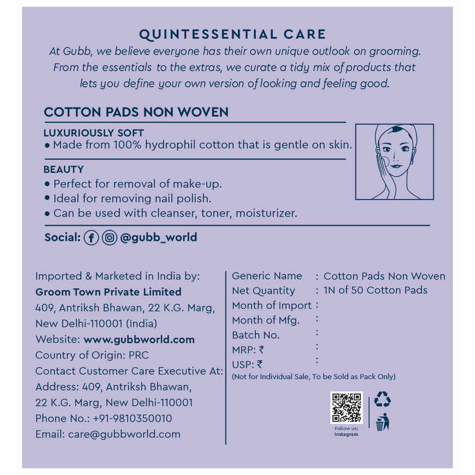GUBB Cotton Pads Non Woven - Pack Of 50