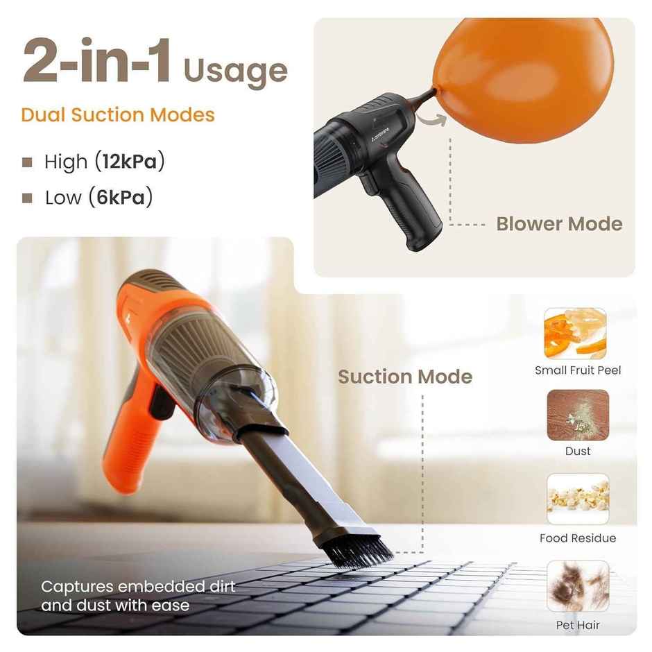 Ambrane 12kPA Powerful Suction 80W Wireless Air Blower 2-in-1 Wireless Vacuum Cleaner Car, Home use