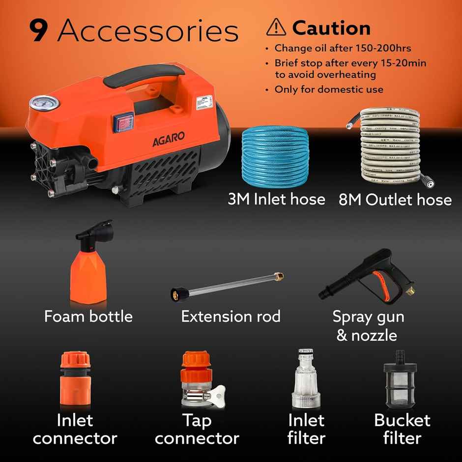 Agaro Supreme High Pressure Washer Car Washer 1800 Watts Motor, Portable, Car, Bike & Home Cleaning