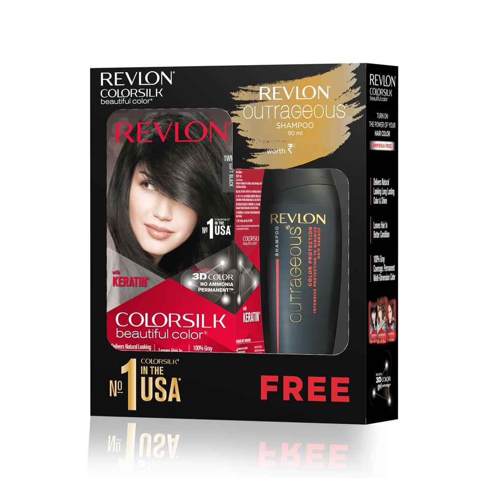 Revlon ColorSilk Hair Color with Keratin - 1WN Soft Black - (with Outrageous Shampoo 90 ml)