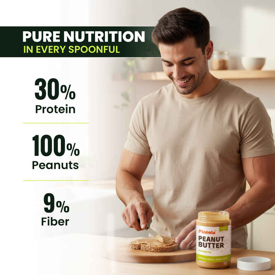 Pintola Organic Unsweetened Peanut Butter Crunchy - High Protein 30G & 9G Dietary Fiber