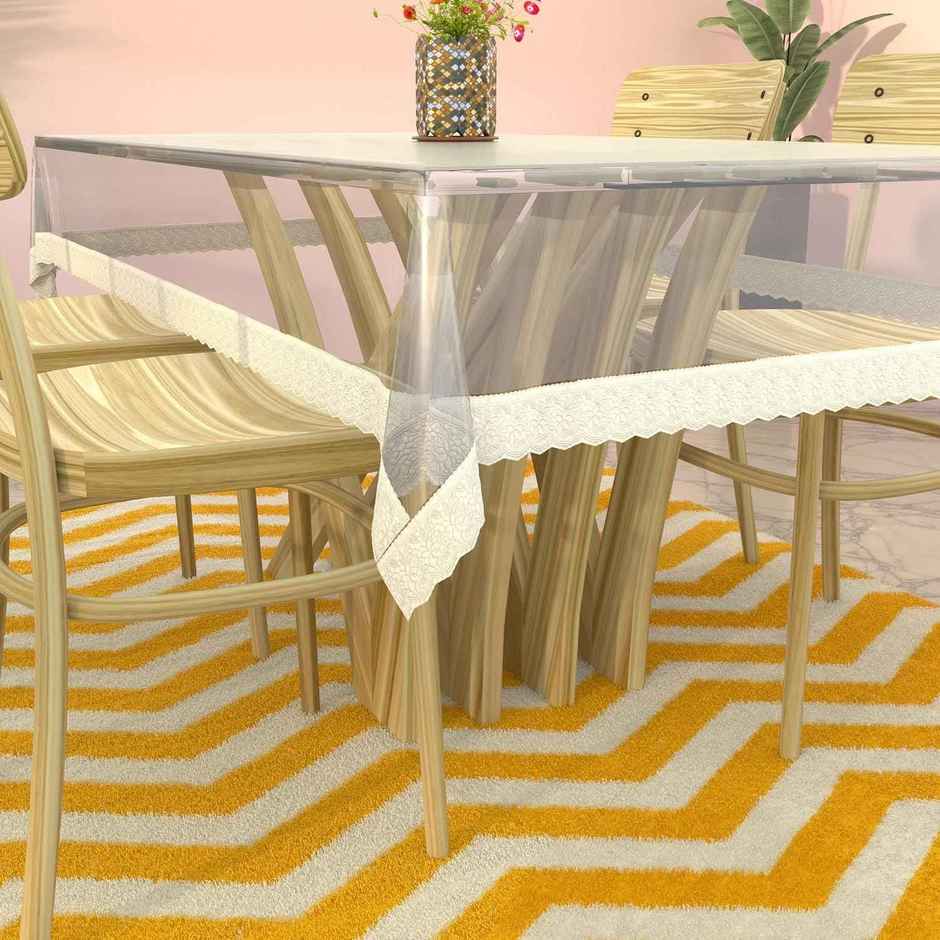 Kuber Industries PVC 45"x70 Inch Transparent 4 Seater Dining Table Cover with White Lace|White