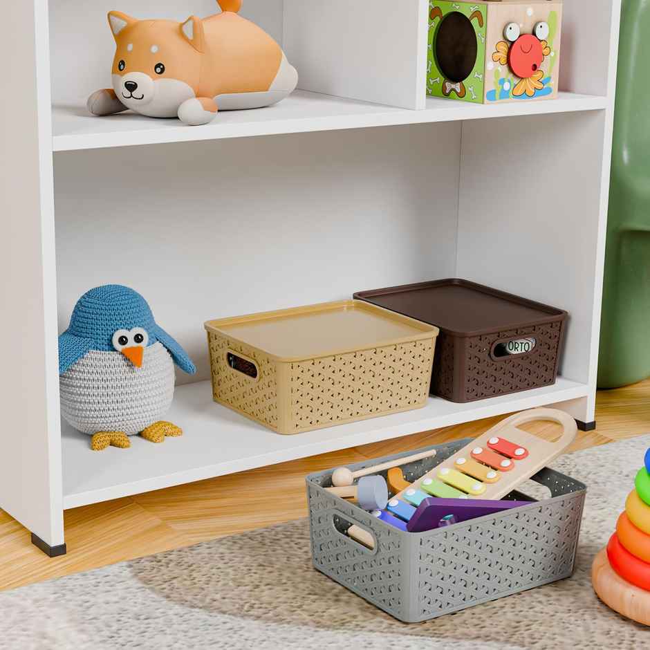 Tex-Ro Plastic Woven Design Side Handle Multipurpose Storage Basket with Lid | Pack of 3