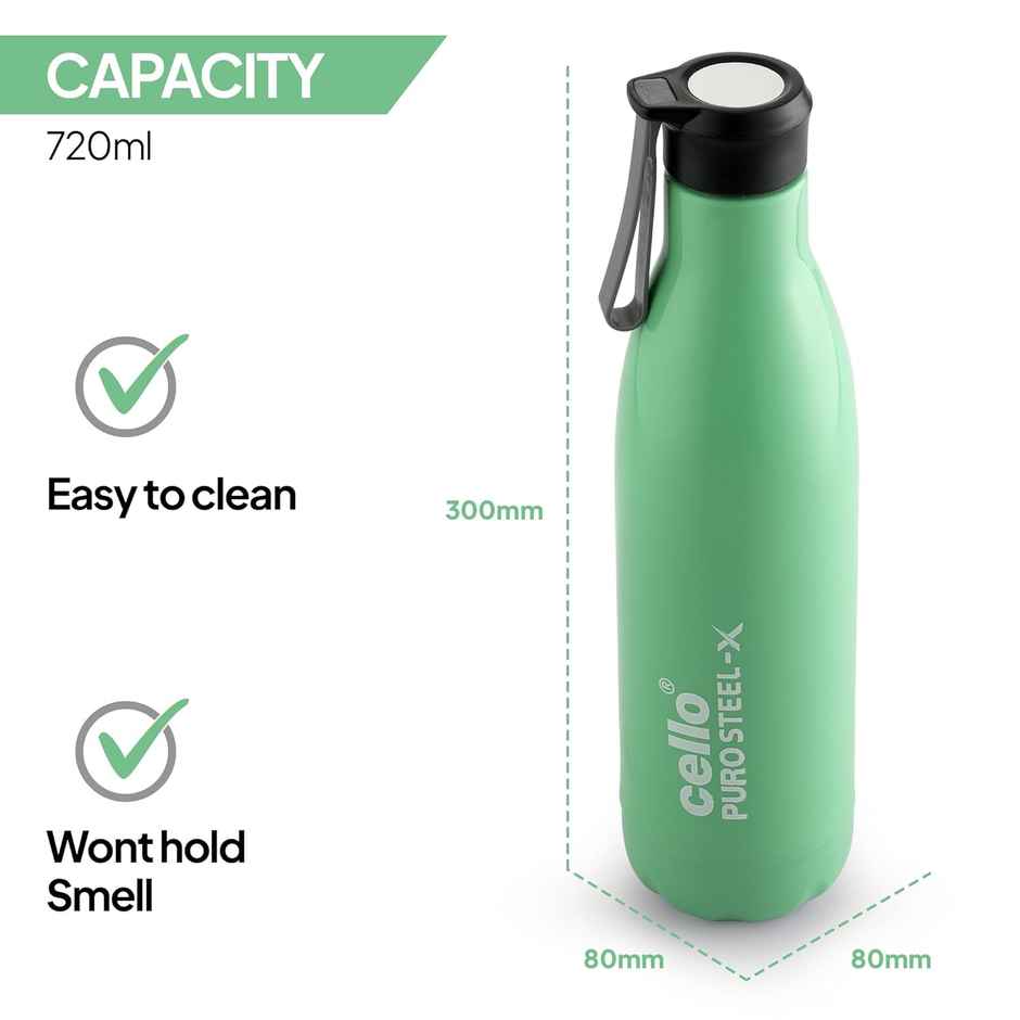 Cello Puro Steel X Neo Insulated Water Bottle | BPA Free & Leakproof | Green | 720 ml