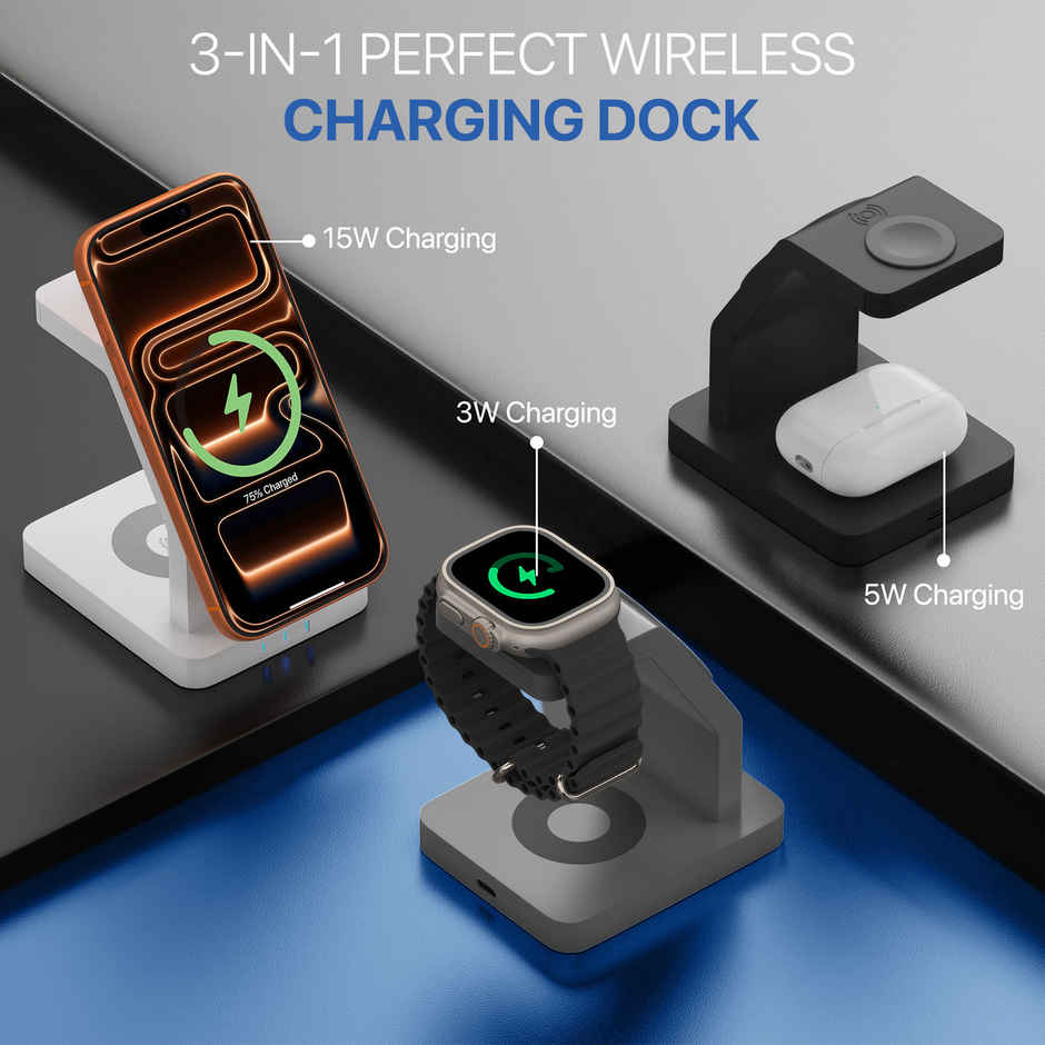 3-in-1 Wireless Charger | 23 W Output | Type C Connector Type | Magnetic MagSafe Charge | For iPhone, Apple Watch, Airpods | Black