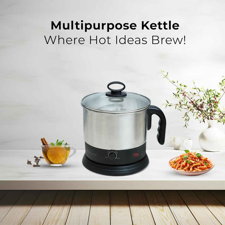 Solara Multipurpose Electric Kettle 1.5 Litre, Stainless Steel Body With Glass Lid- Black