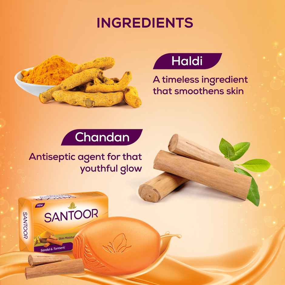 Santoor Skin Moisturizing Sandal and Turmeric Bathing Soap With Anti-Aging Properties