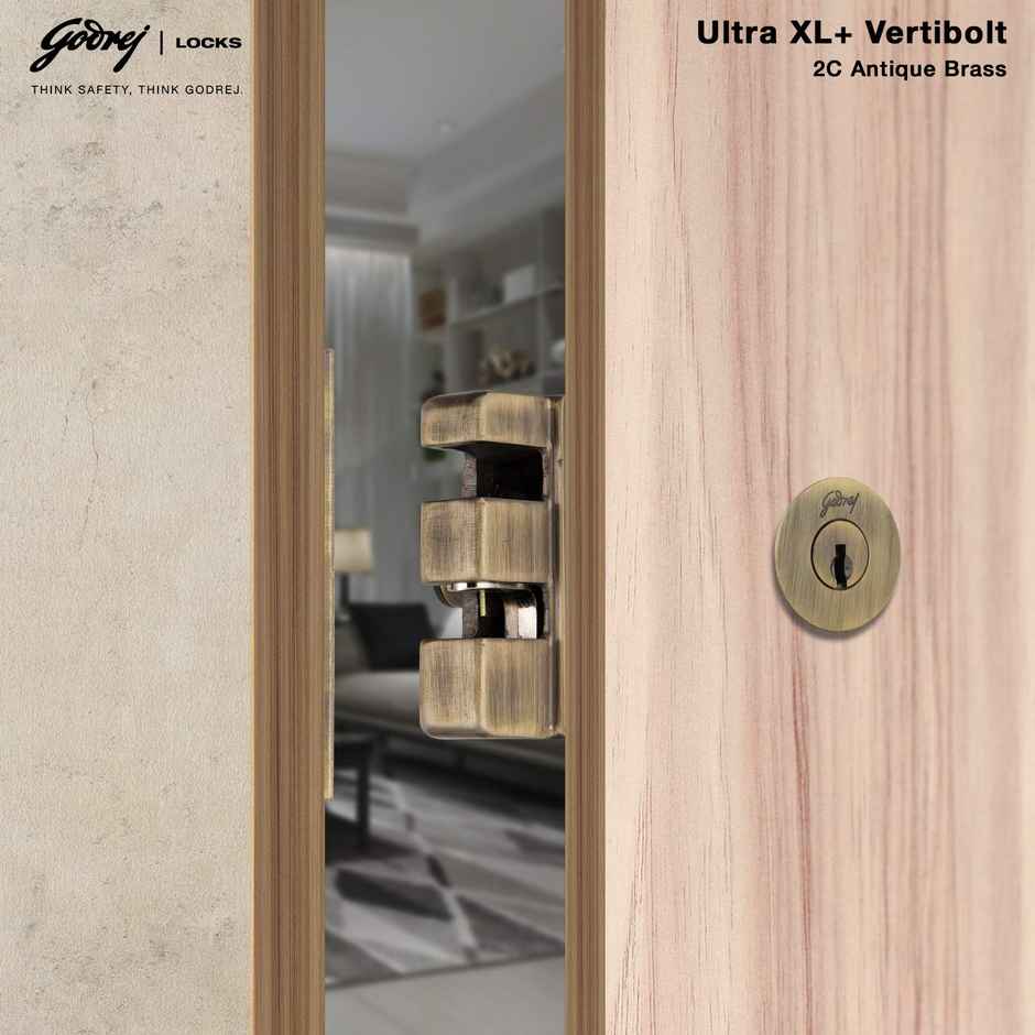 Godrej Rim Lock Vertibolt Ultra XL+ 1Ck Deadbolt | Wooden Doors | Antique Brass Finish