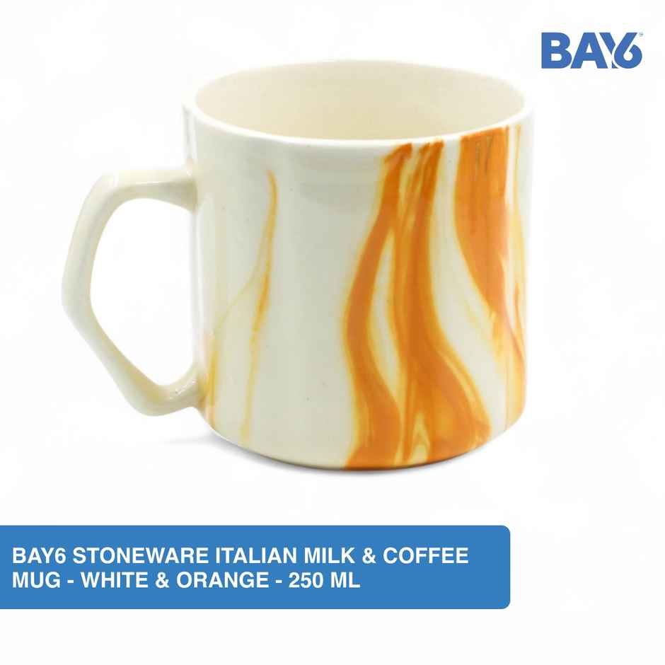 BAY6 Stoneware Italian Milk & Coffee Mug - White & Orange - 250 ml