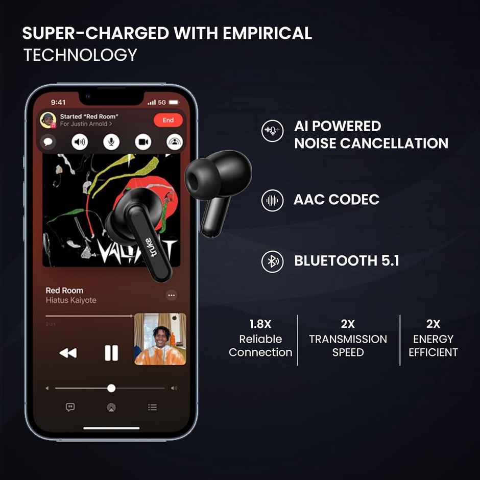 truke Airbuds Lite Truly Wireless Bluetooth Earbuds with 4Mic ENC, 48H Battery, Game Mode- Black