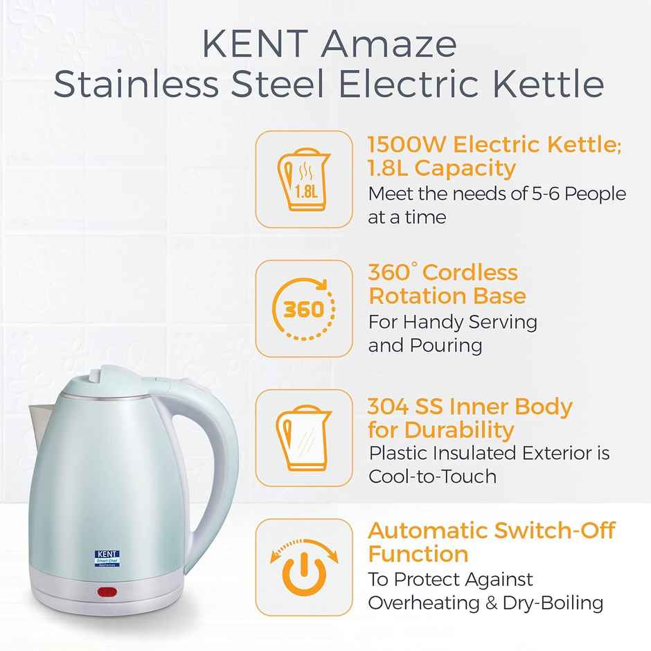 Kent Amaze Cool Touch Electric Kettle 1.8L 1500W - Plastic Outer & Stainless Steel Body Inside