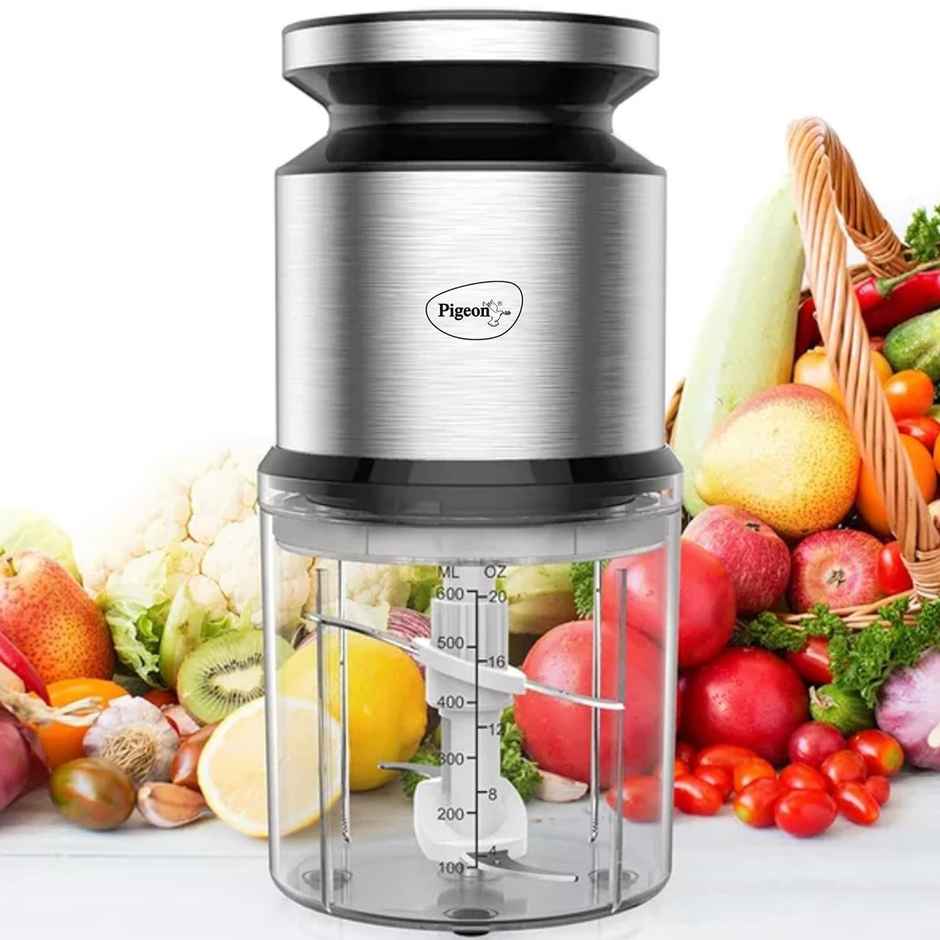 Pigeon Ultra Fast Electric 300 Watts Electric Chopper For Kitchen, Twin Blade Technology, 600 Ml, Plastic Bowl With Lid, Vegetable Chopper, Cutter, Chop, Mince, Dice, Blend - Silver