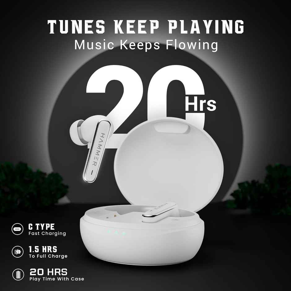 Hammer Airflow Lit True Wireless Earbuds With Upto 20H Playtime, Type-C Charging - White