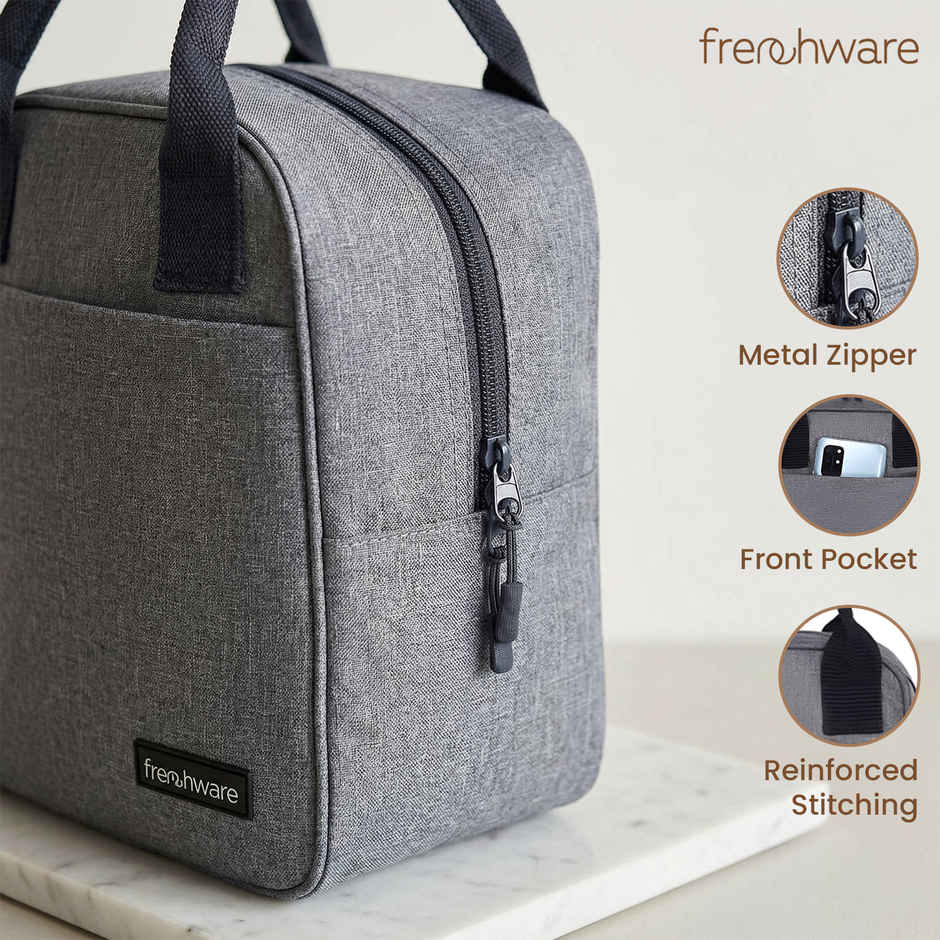 Frenchware Insulated Nylon Lunch Bag, Office Tiffin Bag | 7 L, 15 kg capacity - Grey