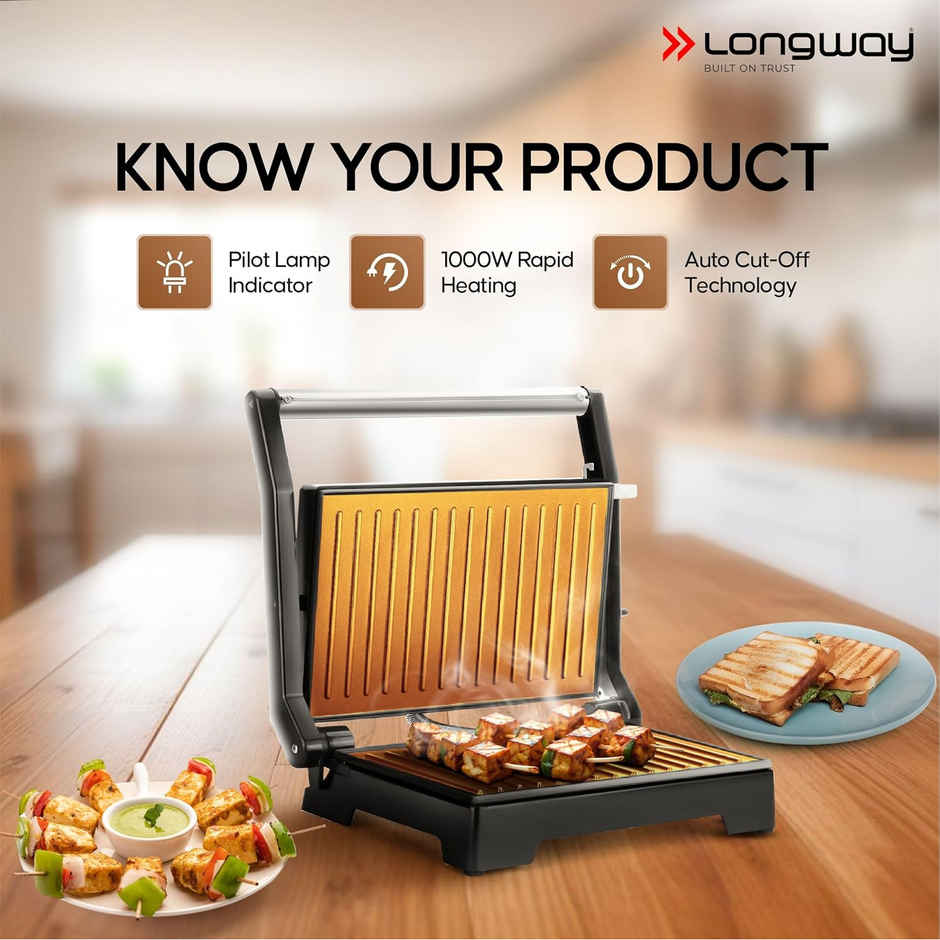 Longway Crisp Master 1000 W Electric Panini Sandwich Maker,Coating Cast Aluminum(Metallic Silver)