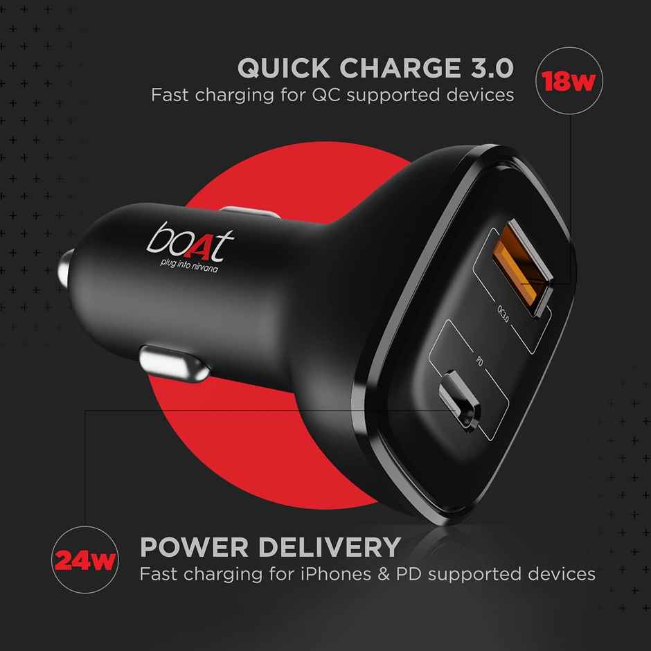 boAt Dual Port Qc-Pd 24W Fast Car Charger with 24W Fast Pd Charging & 18W Qc Charging Compatible with All Smartphones, Tablets & Laptops (Free Type C to Type C Cable) - Black