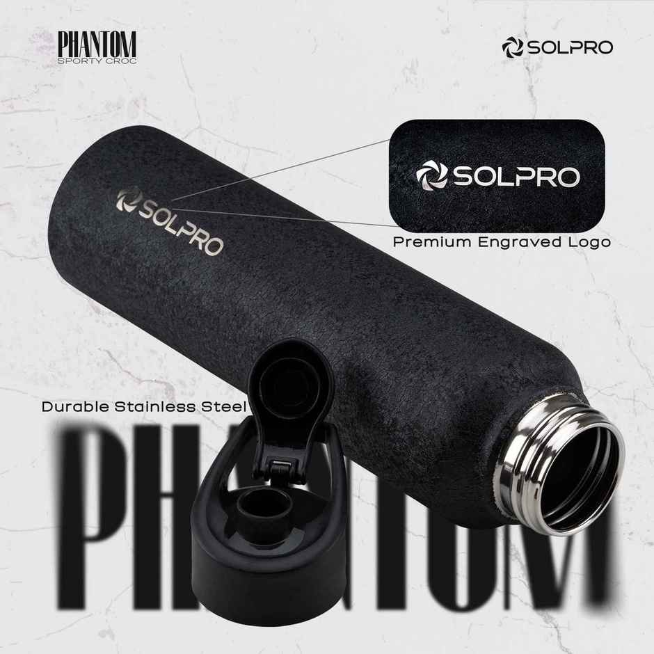 Solpro Phantom Stainless Steel Water Bottle with Flip Top Cap | Gym Bottle | Odor & Bpa Free | 1 L | Black