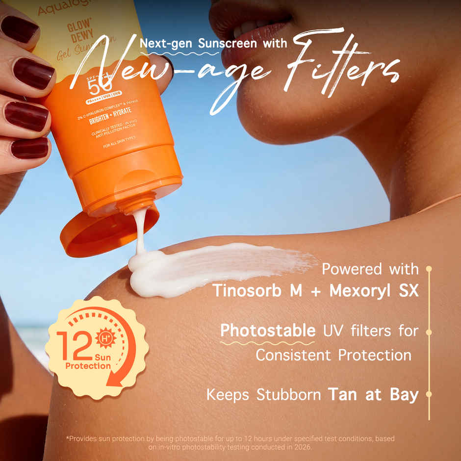 Aqualogica Glow+ Dewy Lightweigh Sunscreen Gel SPF 50+ PA++++ with Papaya & Vitamin C | Tested On GenZ