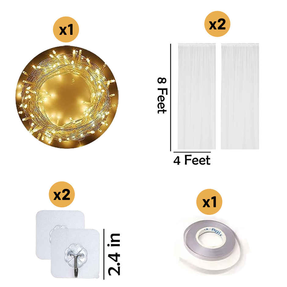 Festive Decoration Combo | 2 Net Curtains, 1 LED, 2 Hangers, 1 Ribbon | Party Propz