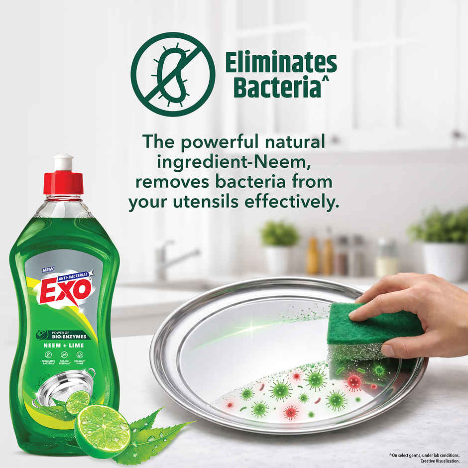 Exo Neem & Lime Anti Bacterial Dishwash Liquid | Tough Grease Removal with Power of Bio-Enzymes