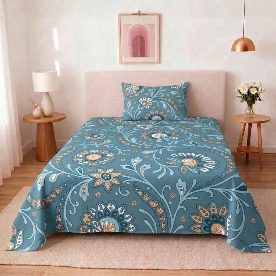 Status Crown Superfine Microfiber Single Bedsheet | Blue Paisley | 150 x 220 cm