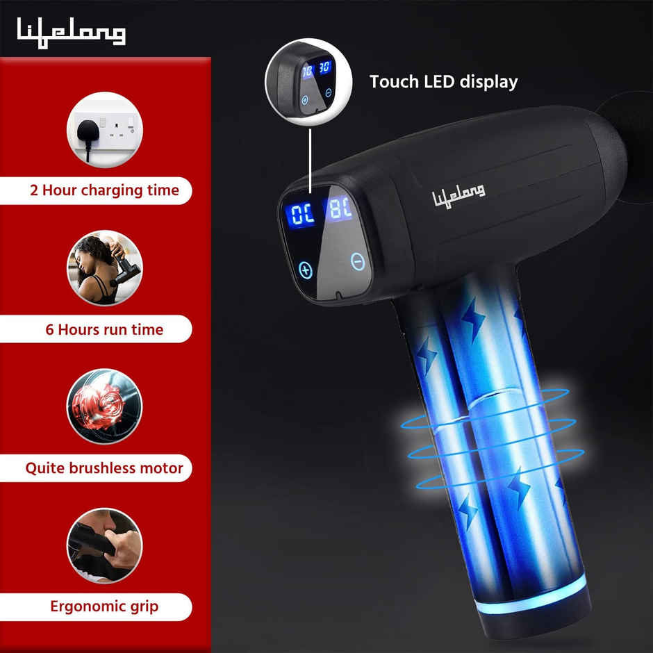 Lifelong Gun Massager | Percussion for Full Body Pain Relief | 6 Heads |LED Touch | 30 Speed Levels