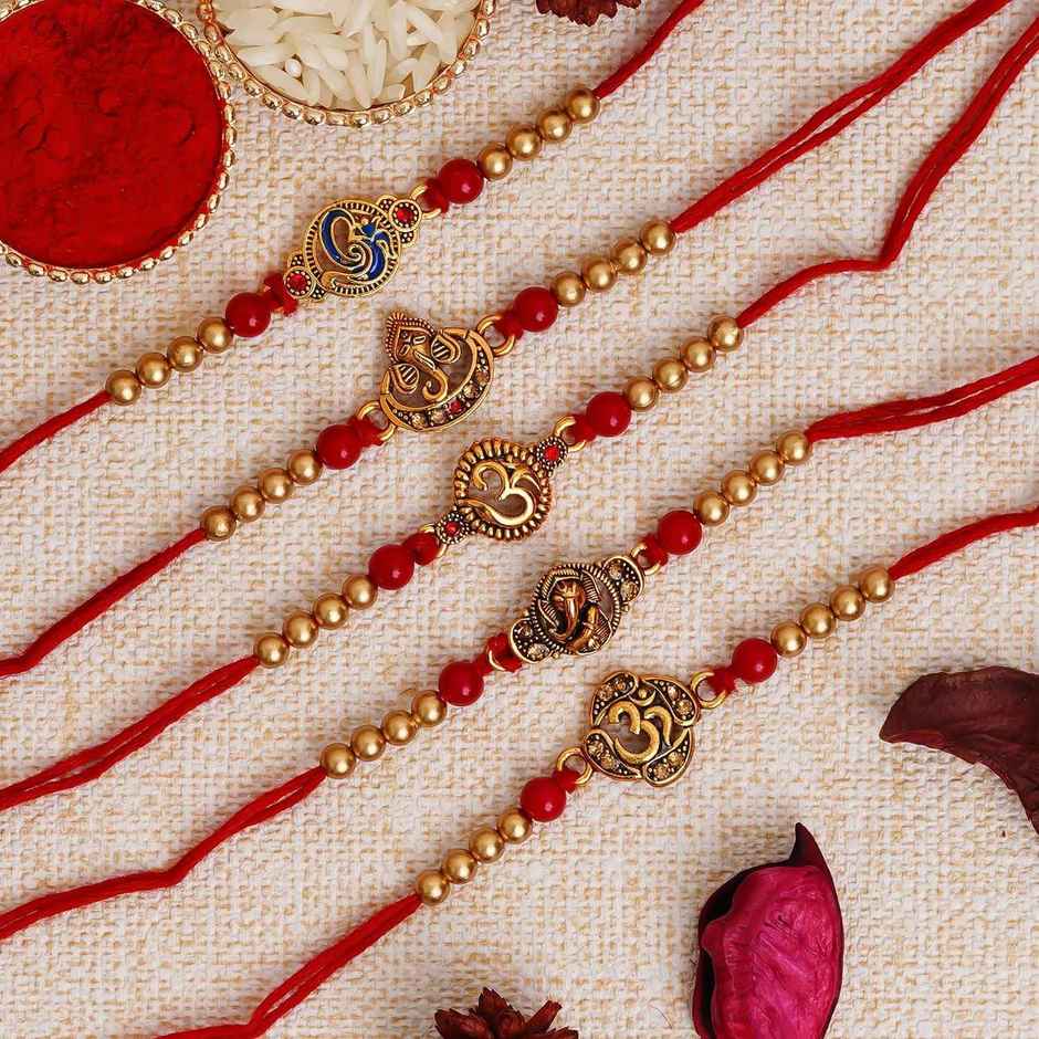 Religious Red & Golden Om Symbol and Lord Ganesha Designer Rakhis & Roli Chawal | Pack of 5 | Ecraftindia