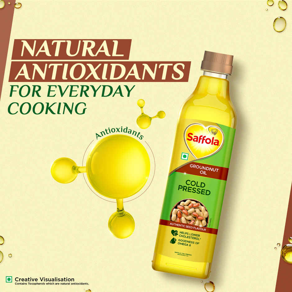 Saffola Gold Oil, Power Of 3, Pouch (910g) & Saffola Groundnut (Peanut) Cold Pressed Oil | Cold Pressed Groundnut Oil | Helps Lower Cholesterol (1L) Combo