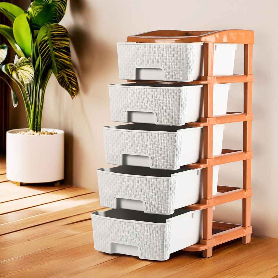 Kuber Industries 5-Tier Collapsible Multipurpose Plastic Drawers Storage Organizer|Brown & White