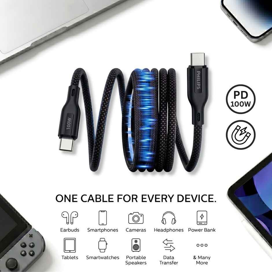 Philips DLC7130CB/94 100W Magnetic USB Type-C to Type-C Fast Charging Cable | Nylon Braided 1m