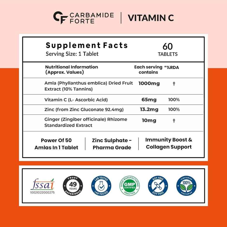 Carbamide Forte Natural Vitamin C Tablet Amla Extract With Zinc For Immunity & Skincare 60 tab