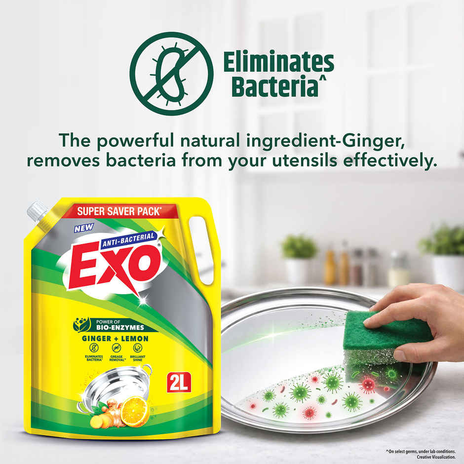 Exo Ginger & Lemon Anti Bacterial Dishwash Liquid | Tough Grease Removal with Power of Bio-Enzymes