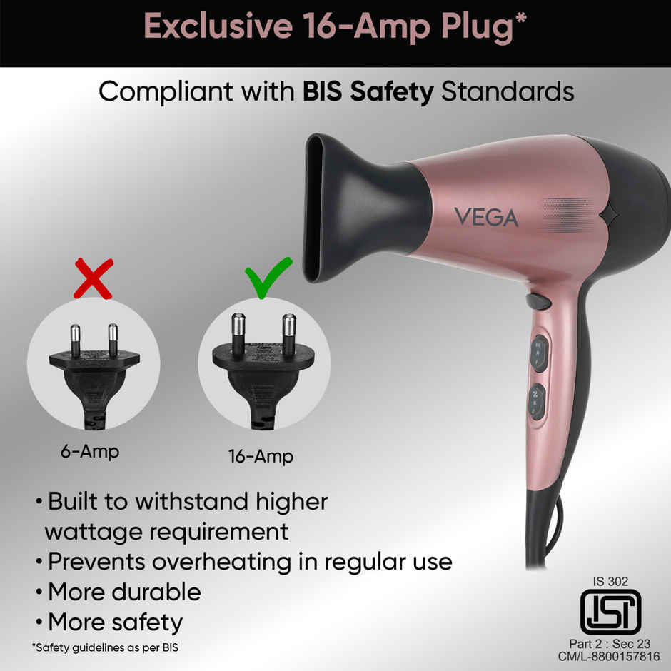 Vega Go Pro 2100W Professional Hair Dryer with 2 Speed & 3 Temperature Settings (VHDH-25)