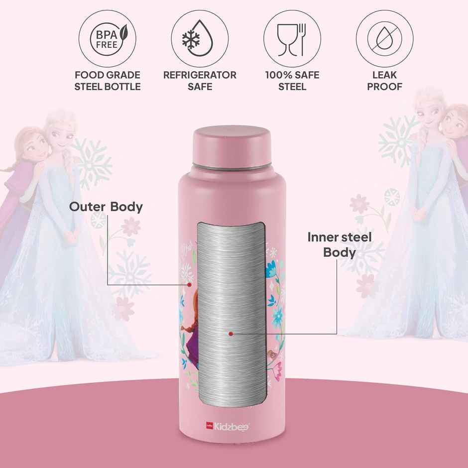 Cello Kidzbee Vortex 3D Anna & Elsa Print Stainless Steel Water Bottle 725 ml, Pink | ISI Certified
